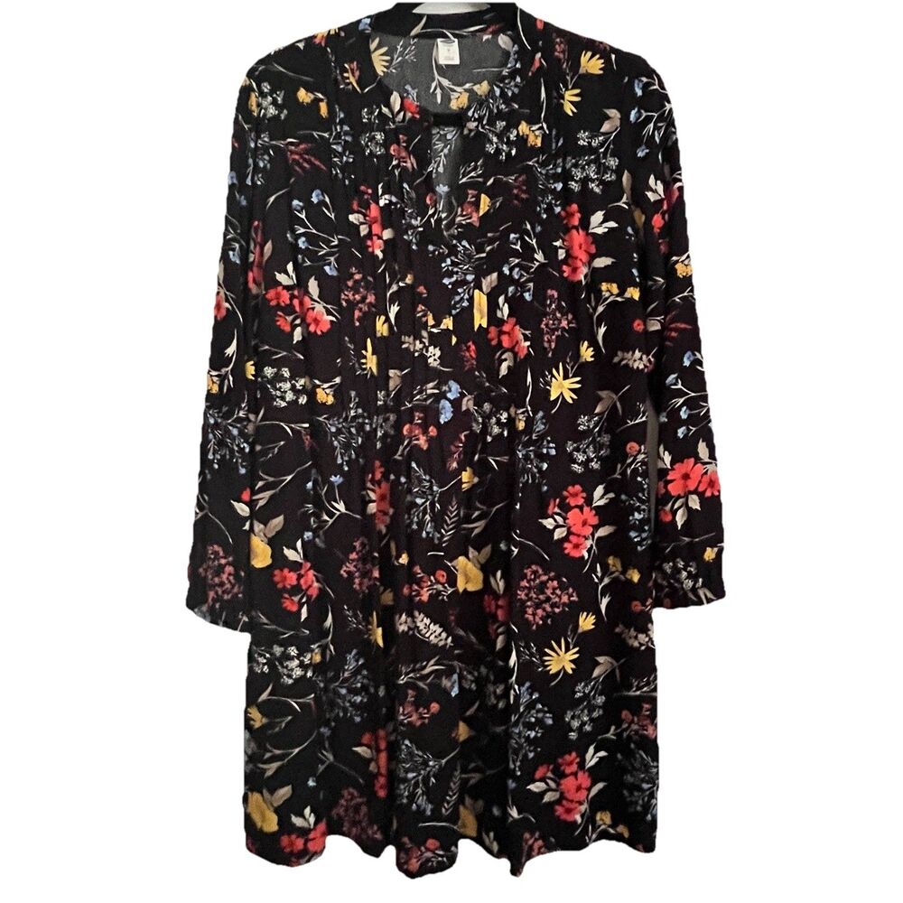 Old Navy Shirt Dress M Black Floral Long Sleeve Boho Colorful Whimsigoth